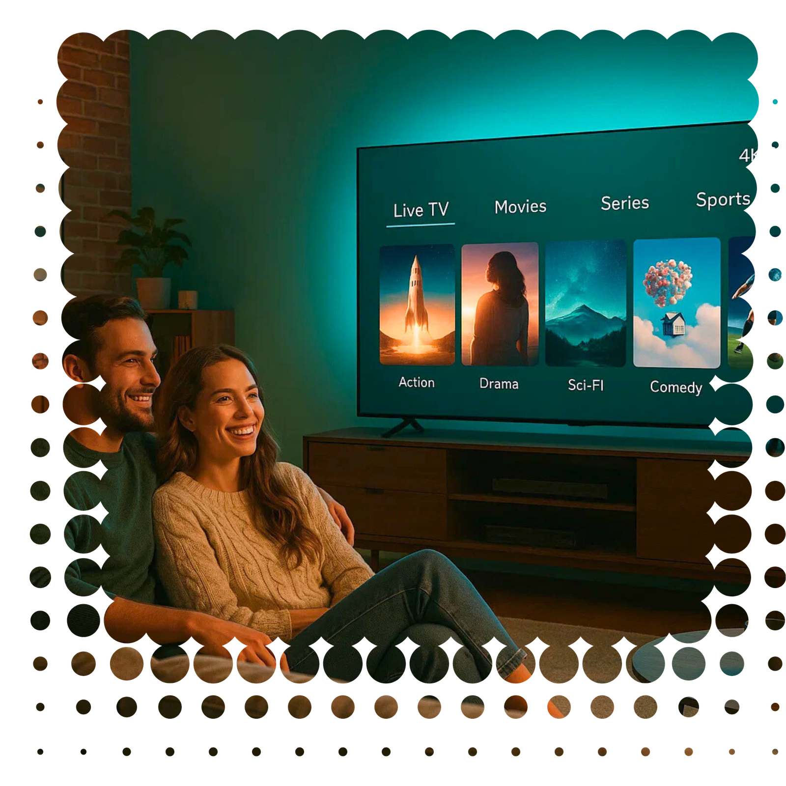 Junges Paar genießt Smart IPTV Pro mit klarer Menüauswahl auf dem Smart-TV