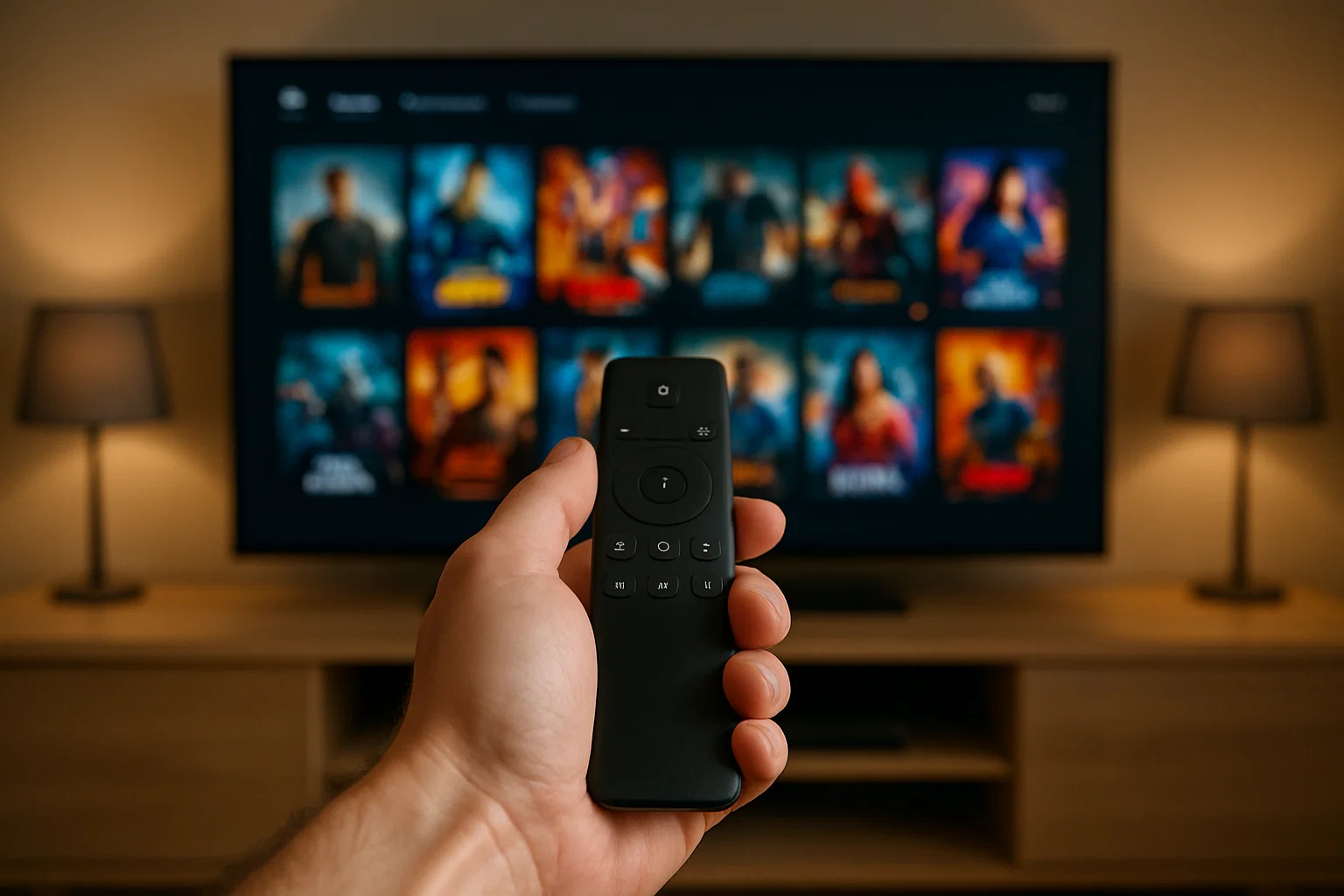 Smart IPTV Pro Benutzer hält Fernbedienung vor modernem Fernseher mit Streaming-Oberfläche